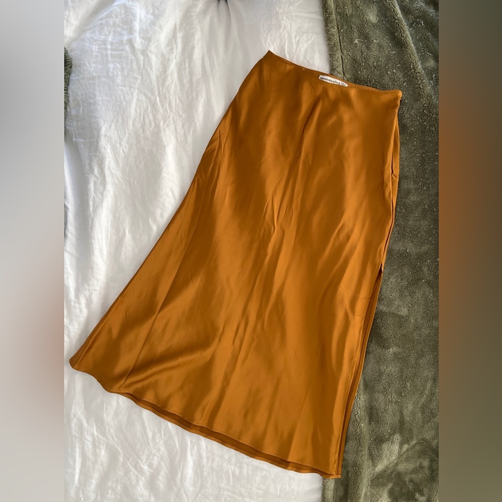 Ochre satin midi slip skirt from A&F